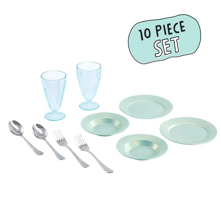 A 10-piece children's play dinnerware set featuring mint green plates, matching goblets, silver-colored spoons, forks, and knives, with a '10 PIECE SET' label on a white background.