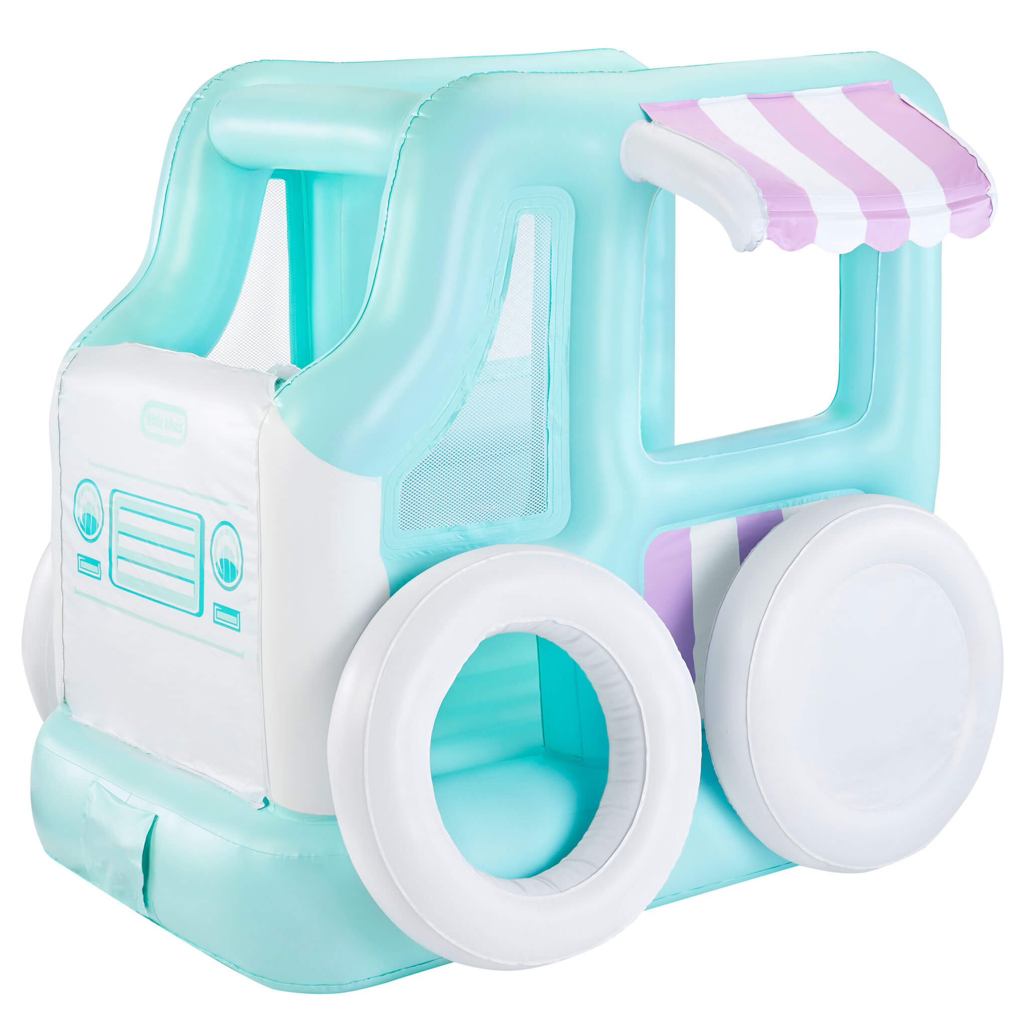 An inflatable play structure shaped like a retro ice cream truck, featuring a light aqua and white body with a pink and white striped awning, isolated on a white background.