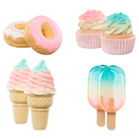 Four pastel-colored food-themed toys arranged on a white background: two donuts, two cupcakes, two ice cream cones, and two popsicles.
