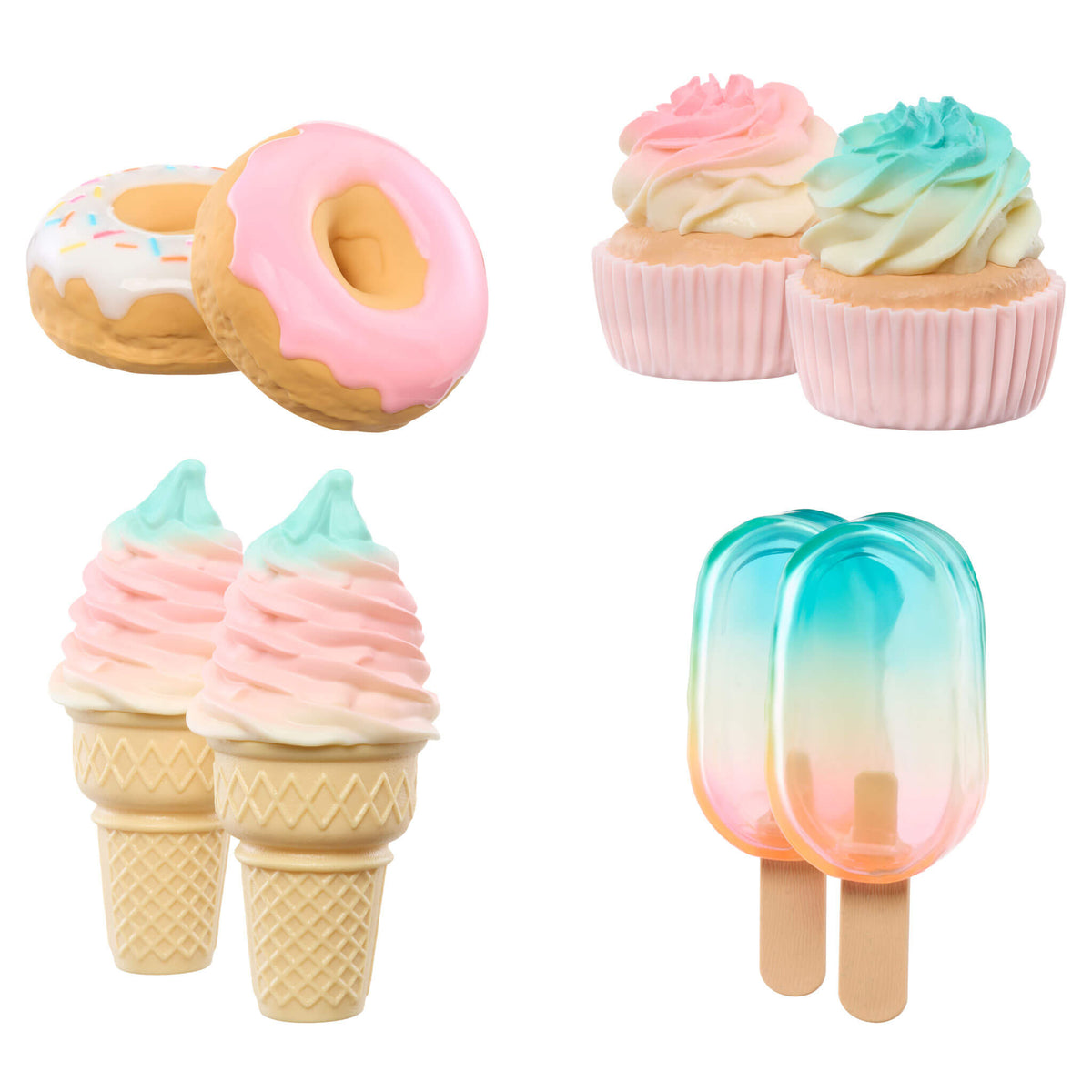 Four pastel-colored food-themed toys arranged on a white background: two donuts, two cupcakes, two ice cream cones, and two popsicles.