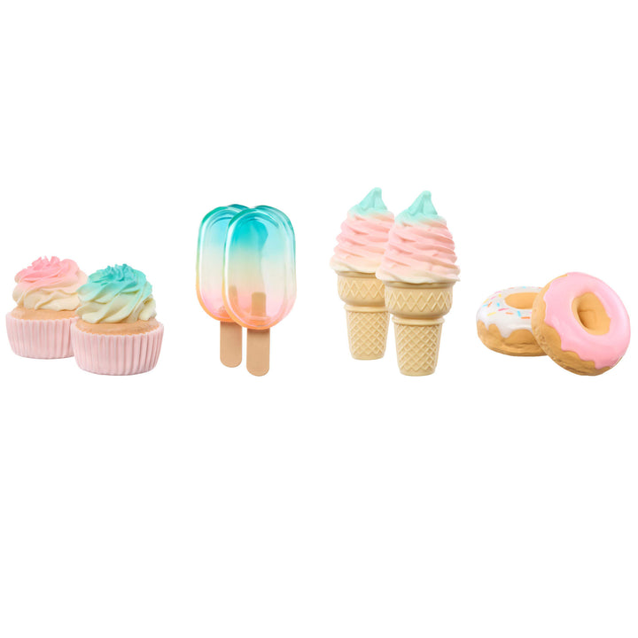 A set of  toy food accessories, including two pink and blue cupcakes, two popsicles with a blue-to-pink gradient, two soft-ice cream cones with pink and mint swirls, and two pink-frosted donuts, all on a solid white background.