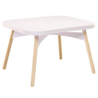 A modern low table with a white rectangular top and four light natural wood legs, shown on a solid white background.