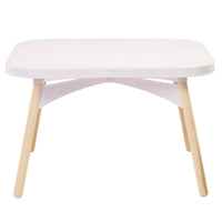 A modern low table with a rounded white top, a white curved support structure underneath, and four light natural wood legs, shown against a solid white background.