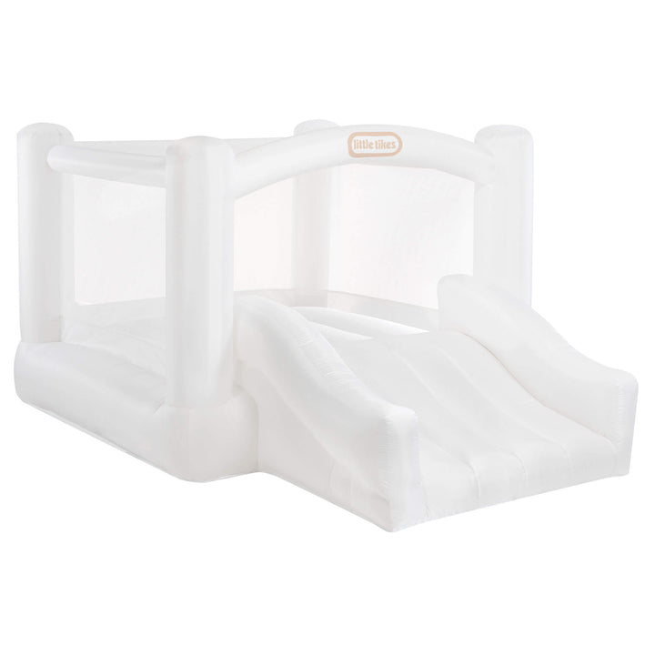 A white Little Tikes inflatable  featuring a slide and enclosed play area, shown on a solid white background.