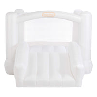 A white inflatable Little Tikes, featuring a slide, side bumpers, and a small arched opening at the top with the brand logo.