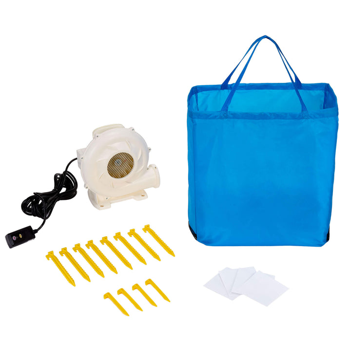 An inflatable kit laid out on a white background, including a blue carry bag, white air blower pump, yellow stakes, and repair sheets.
