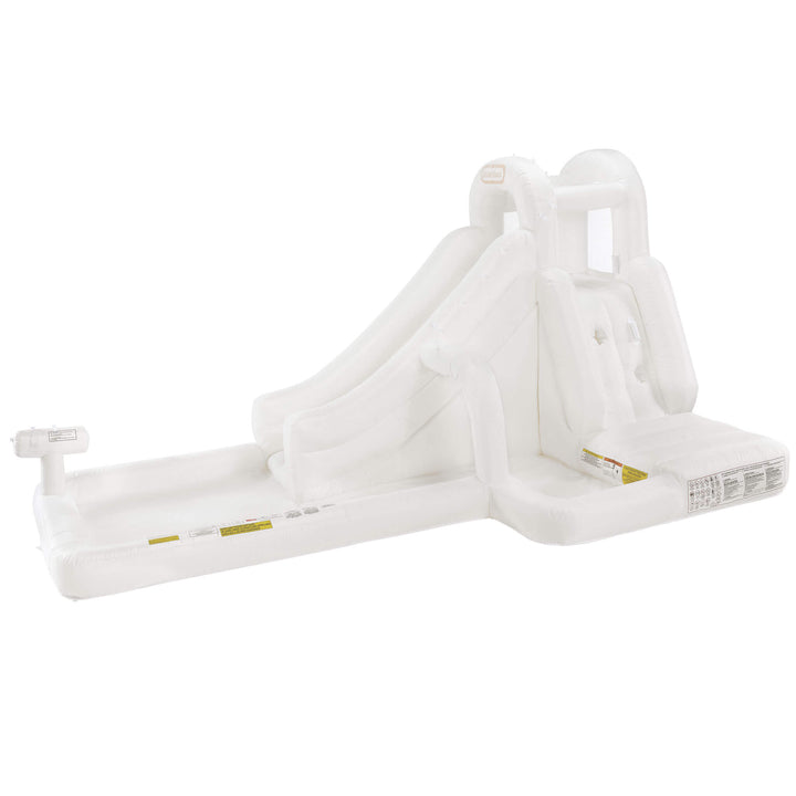 A white water inflatable, featuring a long pool basin, a slide, and a small integrated fountain sprayer, shown against a plain white background.
