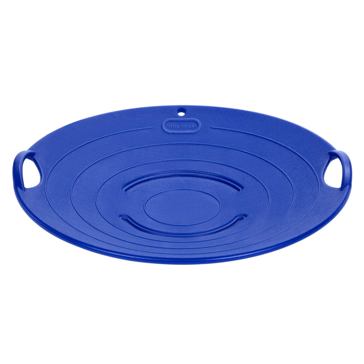 Round, blue saucer sled with two handles on a white background