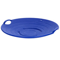 Round, blue saucer sled with two handles on a white background
