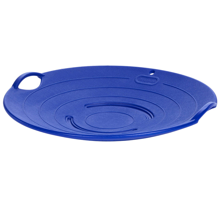 Round, blue saucer sled with two handles on a white background