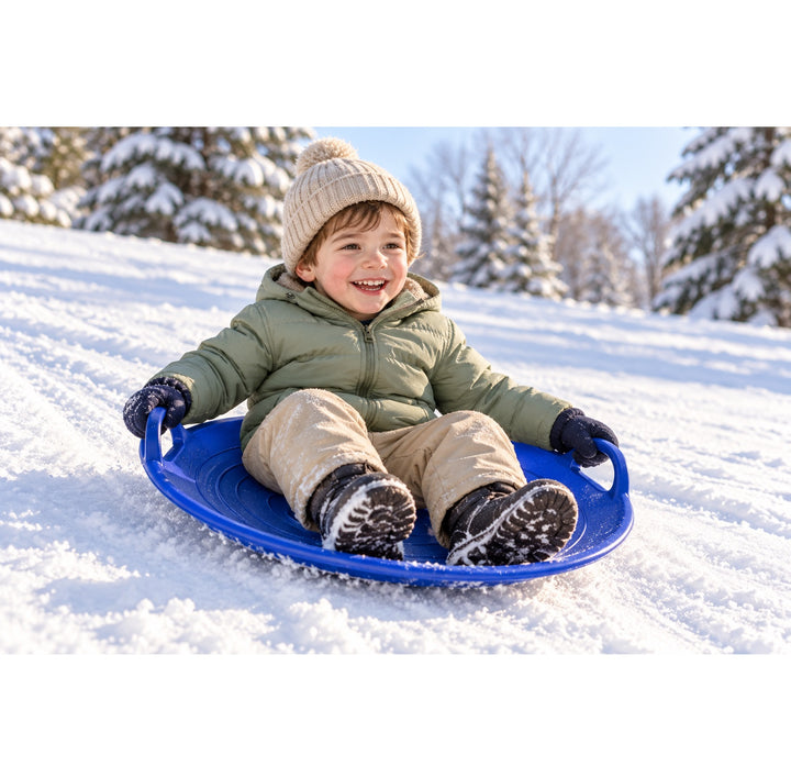 Child with green jacket, tan pants, beige hat and boots riding sled in an snowy scene.