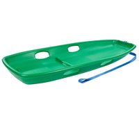 Green Toboggan Sled with four handles and blue pull rope on a white background.