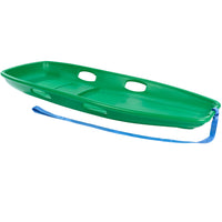 Green Toboggan Sled with four handles and blue pull rope on a white background.