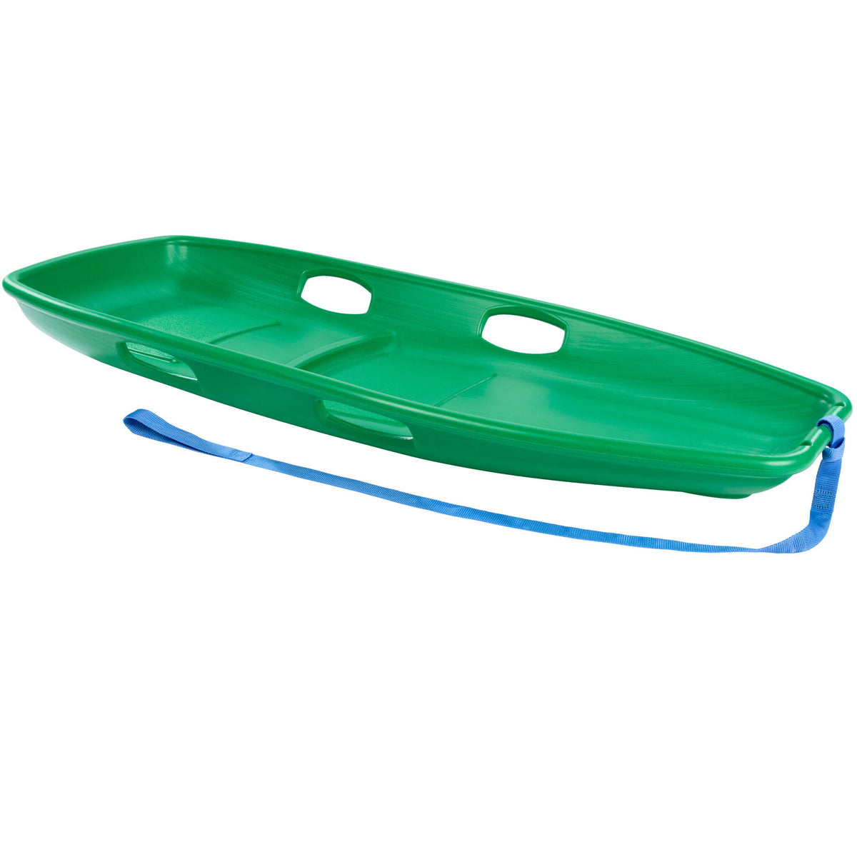 Green Toboggan Sled with four handles and blue pull rope on a white background.