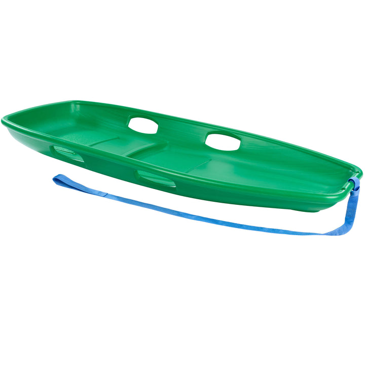 Green Toboggan Sled with four handles and blue pull rope on a white background.