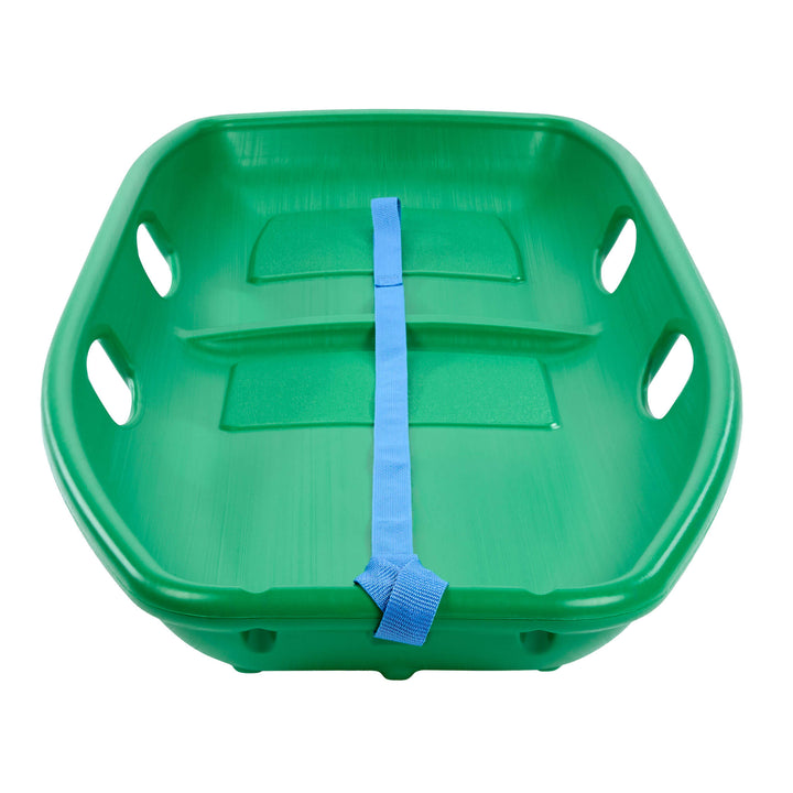 Close up of the inside of the green sled, showing four handles-two on each side on a white background.