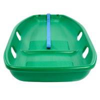 Green Toboggan Sled with four handles and blue pull rope on a white background.