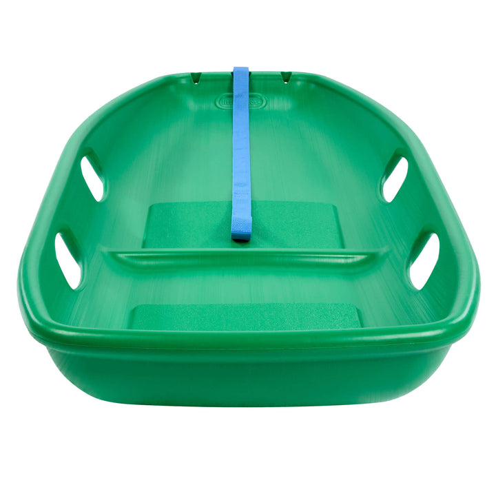 Green Toboggan Sled with four handles and blue pull rope on a white background.