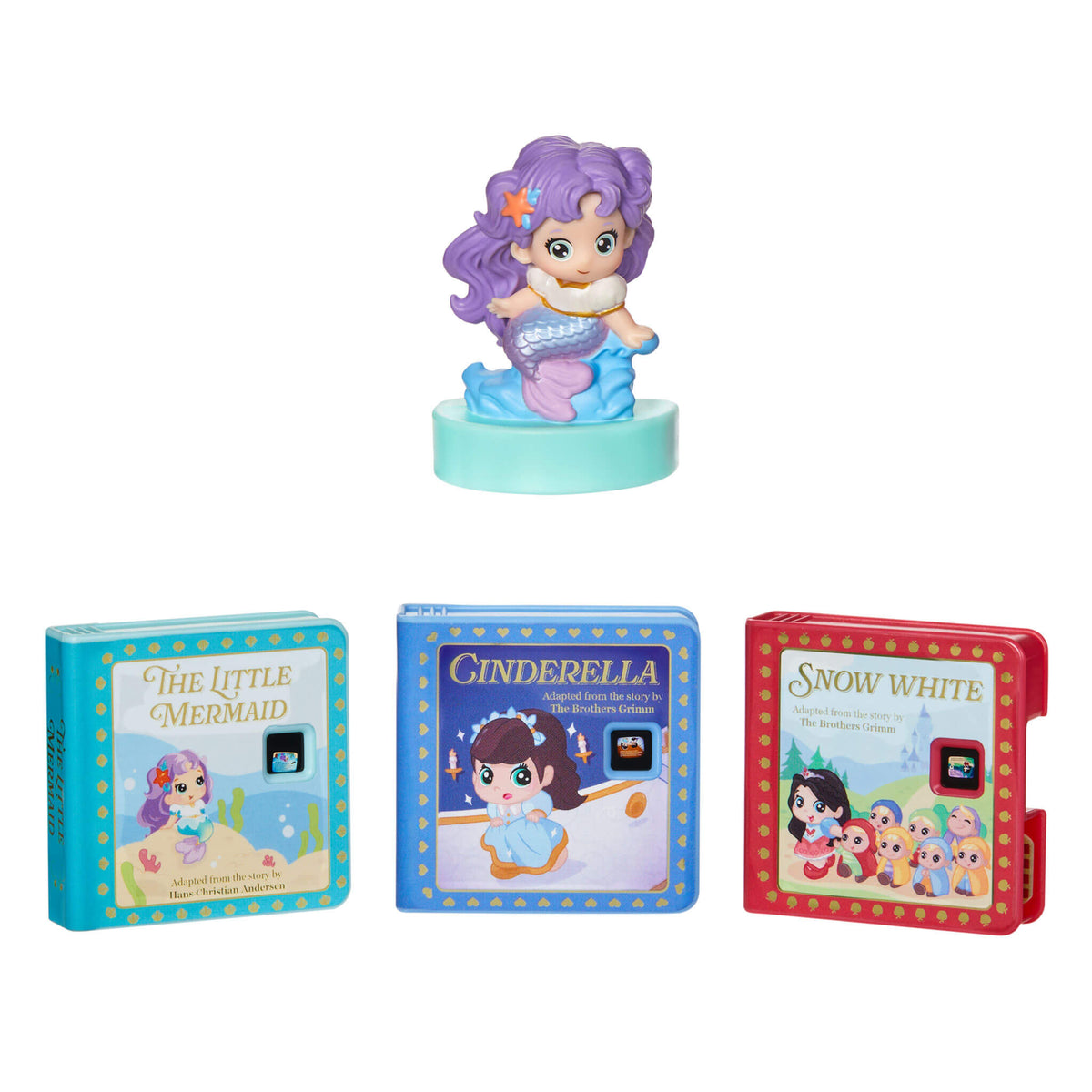 Set of three children's books with a toy Mermaid on top, featuring different scenes and text.