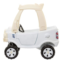 Sideview oth the White Cozy Truck  beige roof, black wheels with white hubcaps on a white background