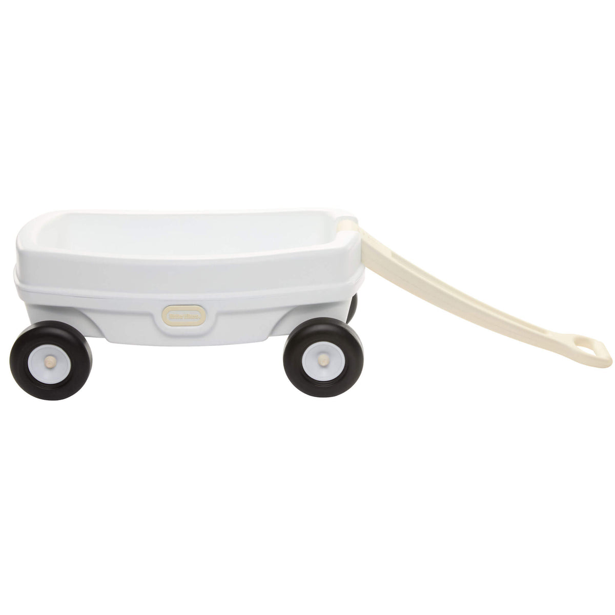 White wagon with black wheels, white hub caps and beige handle on a white background
