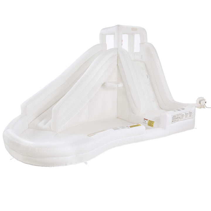 A white inflatable slide with a pool an attached power cord, shown on a solid white background.