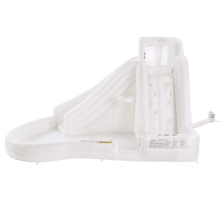 A white inflatable pool with slide  shown inflated against a plain white background.