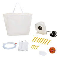 A white bag, white air blower, clear tubing, white patches, yellow stakes, and a small orange basketball on a white background.