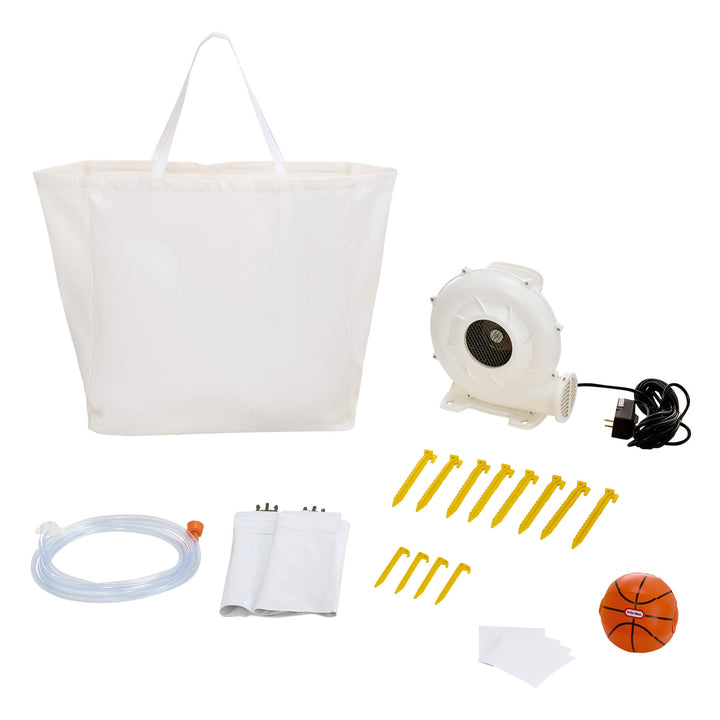 A white bag, white air blower, clear tubing, white patches, yellow stakes, and a small orange basketball on a white background.
