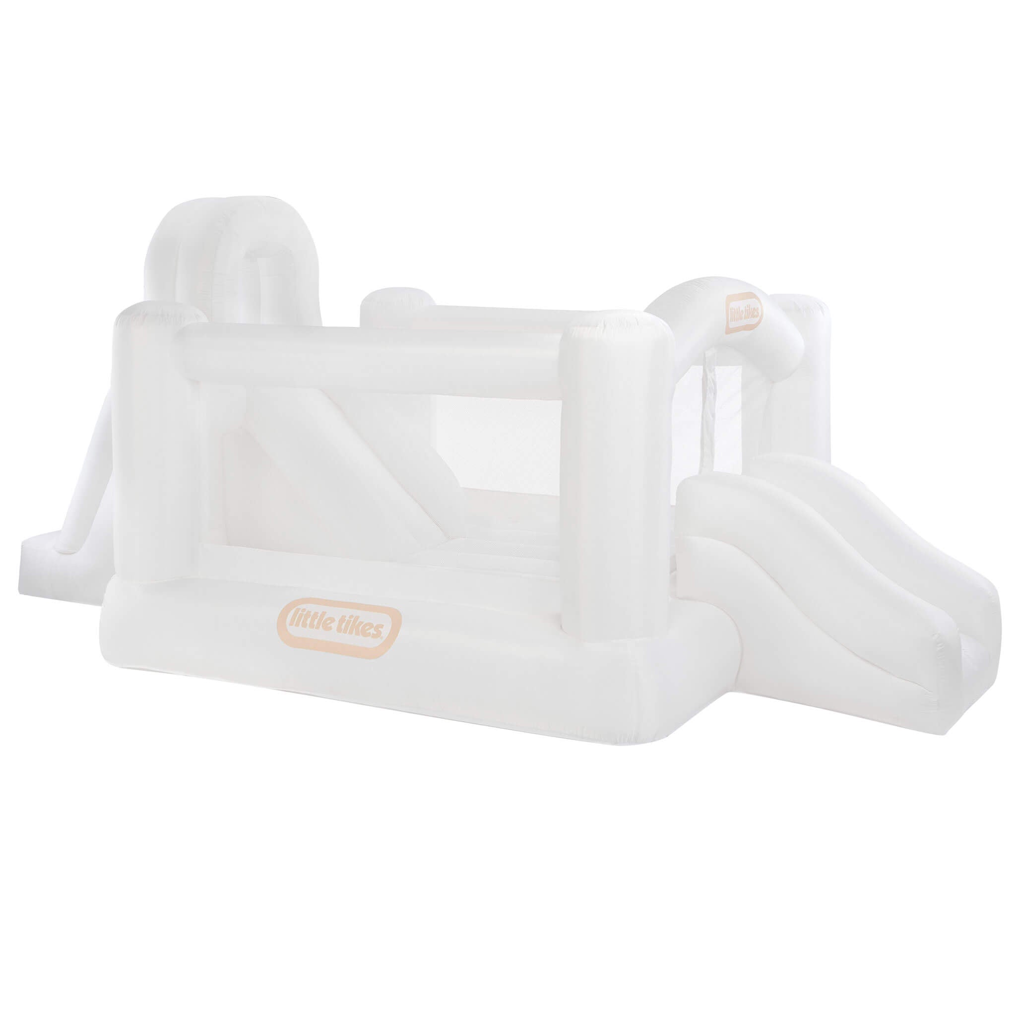 A white Little Tikes inflatable bouncy castle with a slide, shown on a clean white background.