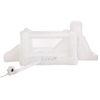 A white inflatable with two slides, a small climbing wall, and an electric blower on a solid white background.