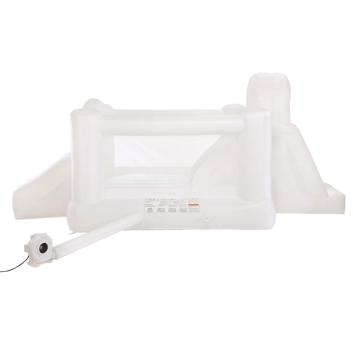 A white inflatable with two slides, a small climbing wall, and an electric blower on a solid white background.
