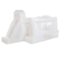 A white inflatable featuring a slide, bounce house, and arch, shown against a plain white background. The brand label 'Little Tikes' is visible on the side.