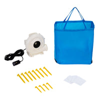 Accessories shown on a white background, including a bright blue carry bag, a white air blower with a black power cord, yellow ground stakes, and white patches.
