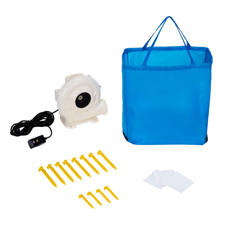 Accessories shown on a white background, including a bright blue carry bag, a white air blower with a black power cord, yellow ground stakes, and white patches.