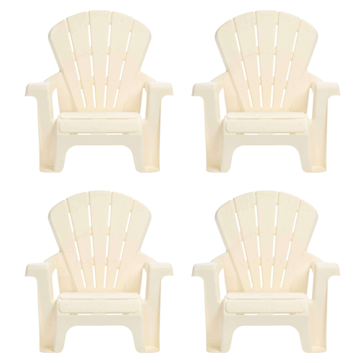 Four, kids, white Adirondack chairs on a white background