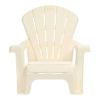 A white plastic Adirondack chair with a wide slatted back and armrests, shown against a plain white background.