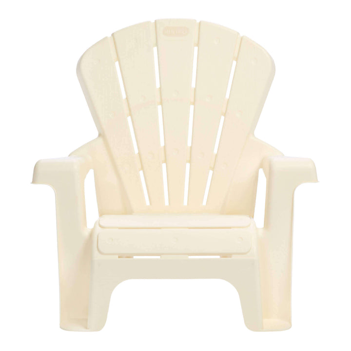 A white plastic Adirondack chair with a wide slatted back and armrests, shown against a plain white background.