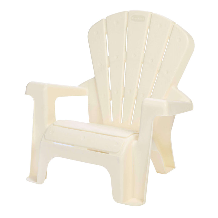 A white plastic Adirondack chair with a wide slatted back and armrests, tirned to the right, shown against a plain white background.