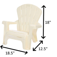 White plastic chair with dimensions labeled on a white background