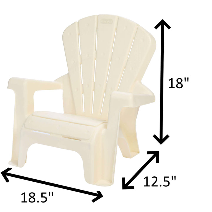 White plastic chair with dimensions labeled on a white background