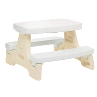 Easy Store Junior Play Table with white benches and table top, beige legs on a white background