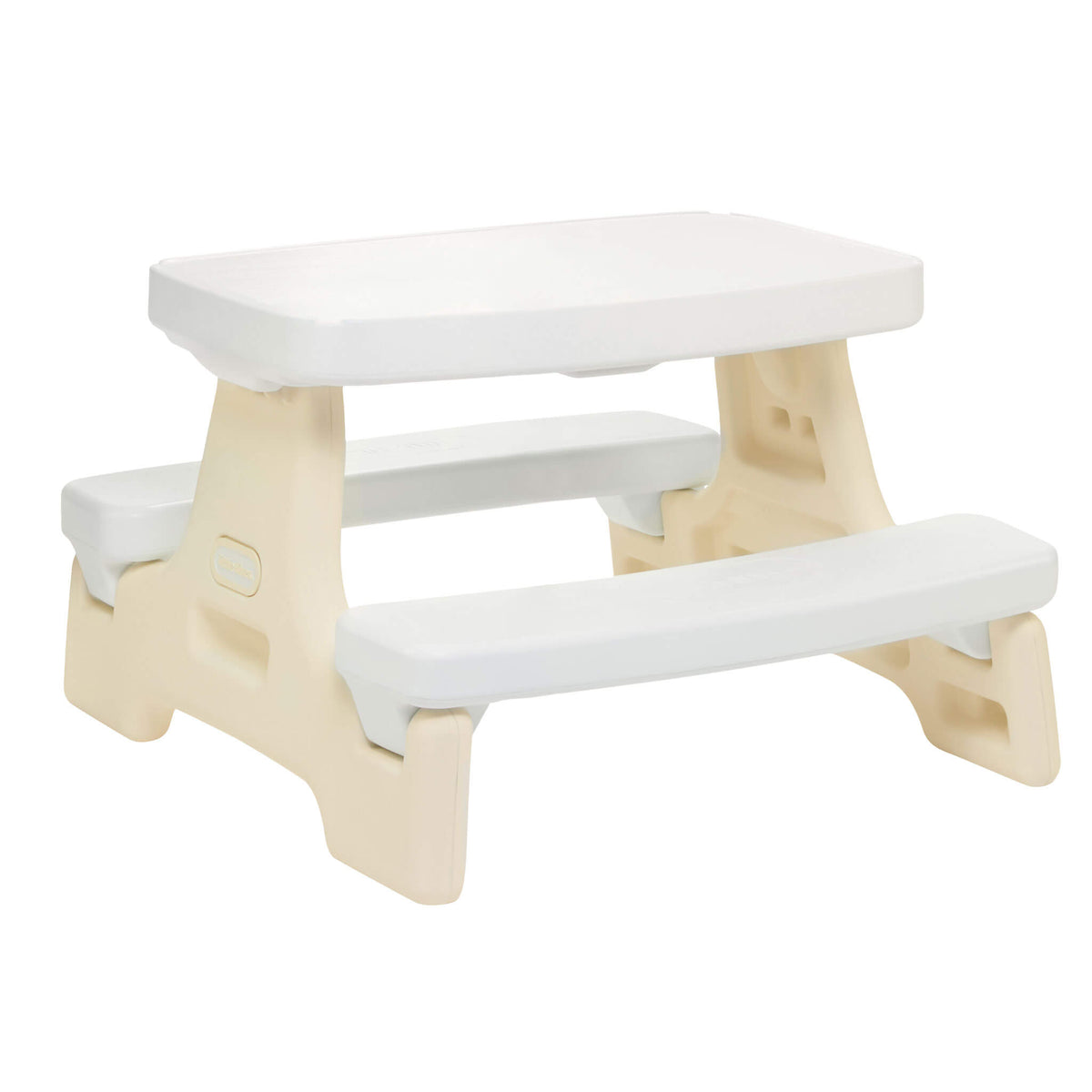 Easy Store Junior Play Table with white benches and table top, beige legs on a white background
