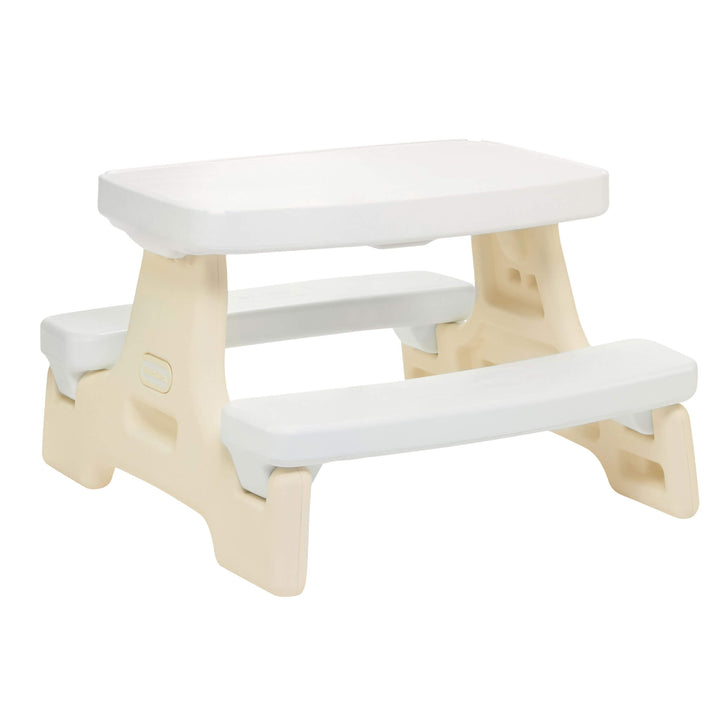 Easy Store Junior Play Table with white benches and table top, beige legs on a white background