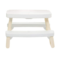 Easy Store Junior Play Table with white benches and table top, beige legs on a white background