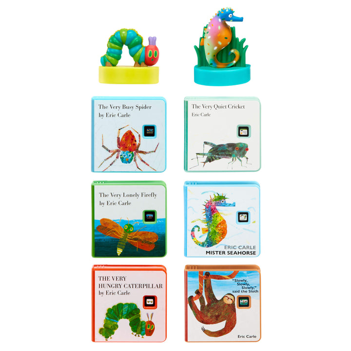 A set of Eric Carle children's mini books, with two character figures standing above each book group: Hungry Caterpillar on a yellow base next to ‘The Very Busy Spider’ and a Sea Horse on a blue base next to 'The Very Quiet Cricket'.