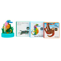 Three Eric Carle children's books are shown with their colorful illustrates, alongside a matching seahorse on a plain white background.