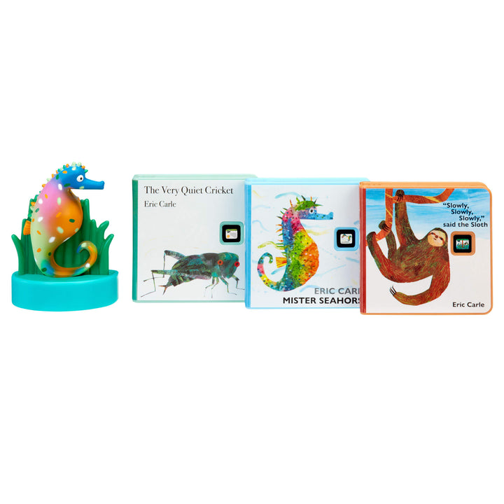 Three Eric Carle children's books are shown with their colorful illustrates, alongside a matching seahorse on a plain white background.