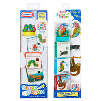 Two Little Tikes Story Dream Machine Eric Carle book packages shown side by side on a white background. Each package contains a character and and a three-book set.