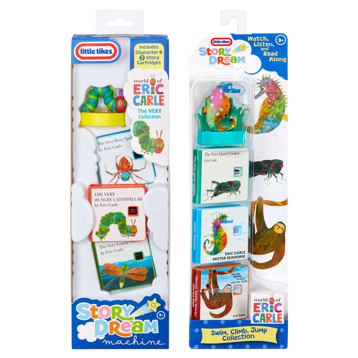Two Little Tikes Story Dream Machine Eric Carle book packages shown side by side on a white background. Each package contains a character and and a three-book set.